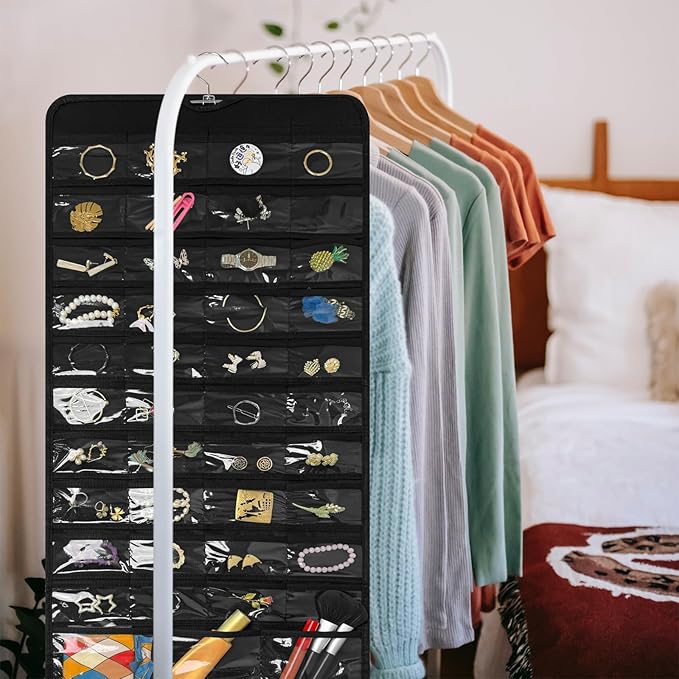 Bloss Hanging Jewelry Organizer With 90 Pockets,Earring Holder Organizer Storage For Valentine's Day Gift,Double-Sided Jewelry Holder for Earrings, Necklaces, Rings on Closet,Wall,Door(Black)