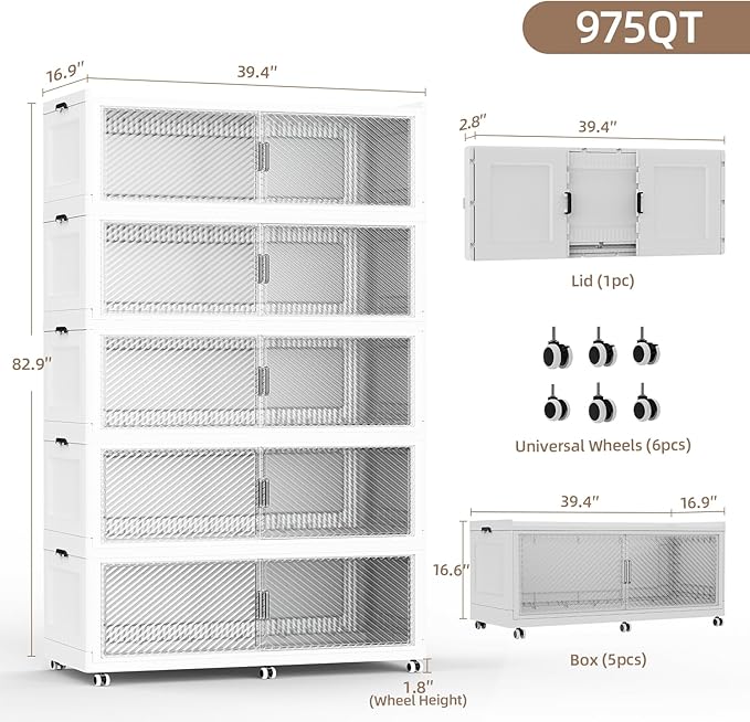 SAILUN 400Gal Extra Large Stackable Storage Bins with a Lid, Collapsible Storage Bins With Doors and Wheels, Foldable Storage Cabinet for Garage Closet Organization, White, 5Pack 39.4" W