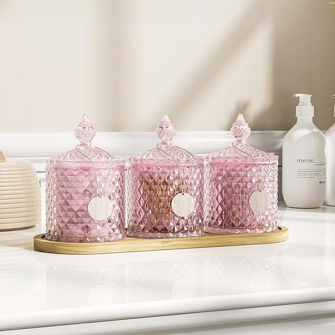 3Pack Pink Glass Qtip Holder Set with Bamboo Tray - 10oz Diamond-Facet Apothecary Jars with Lids - Bathroom Canisters for Cotton Swabs, Balls, Pads & Floss Picks - Vanity Storage Organizer
