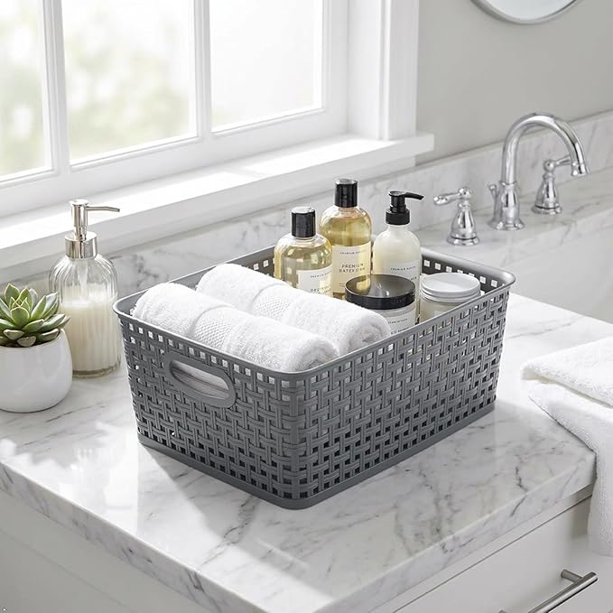 Kekow 4-Pack Gray Plastic Storage Basket, Pantry Woven Plastic Storage Basket
