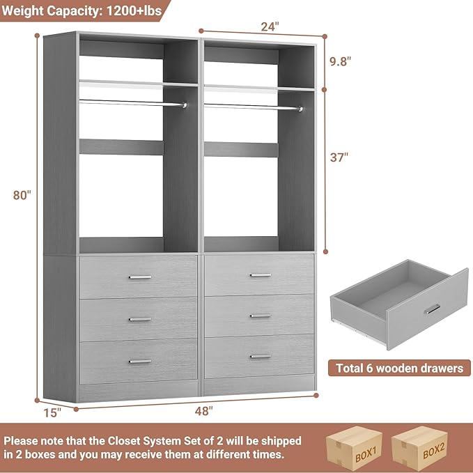 Besiost Closet System Set of 2, 4FT Closet Systems with 6 Wood Drawers, 48" Closet Organizer System with 2 Hanging Rods & 2 Shelves, Heavy Duty 48 Inch Walk-in Closet, Grey (48"L x 15" W x 80" H)