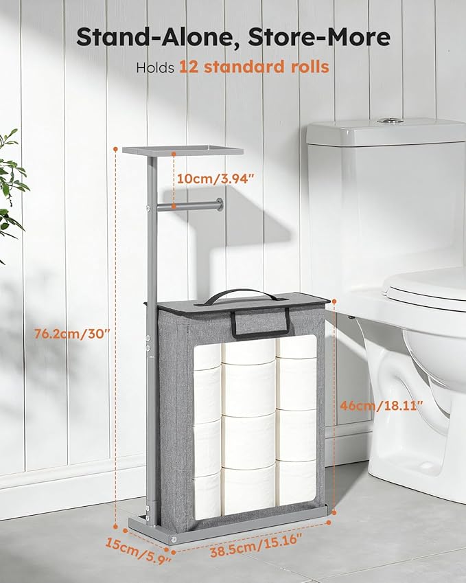 Freestanding Toilet Paper Holder Stand with Shelf for Up to 12 Rolls,Rustproof Metal Bathroom Toilet Paper Storage with Lid, All-in-One Toilet Tissue Roll Dispenser and Organizer,Gray