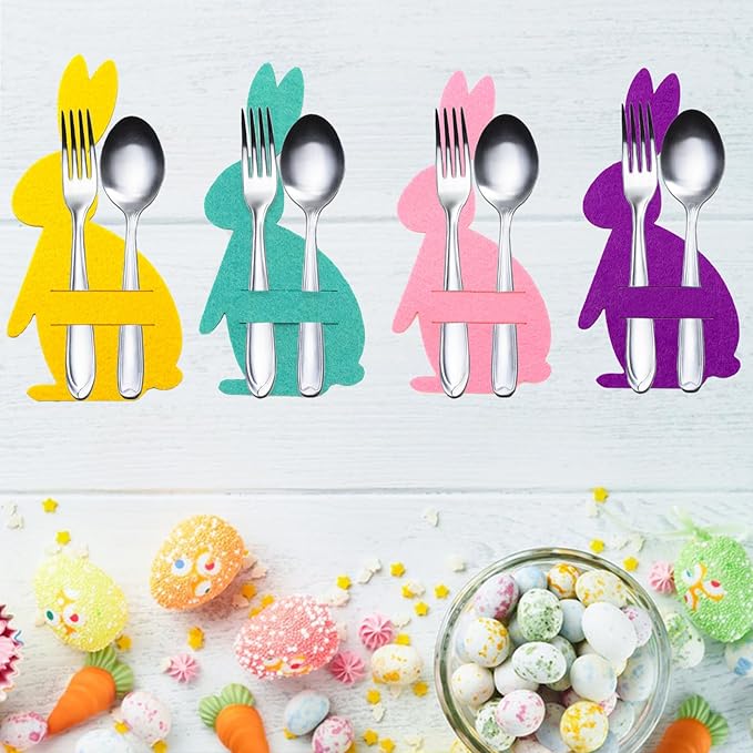8 Pack Easter Bunny Utensil Cutlery Holders, Reusable and Cute Rabbit Shape Easter Felt Cutlery Holders, EasterTable Decor for the Home Spring Decorations and Easter Party Supplies
