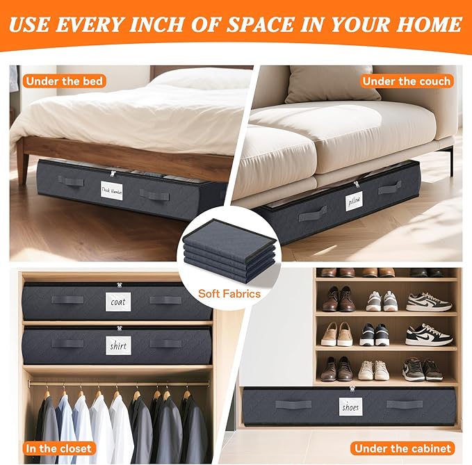 SpaceWhisper 90L Under Bed Storage Containers, 4-Pack Storage Bins with Clear Top, Foldable Closet Organizers and Storage with Label Holder for Clothing, Blankets, Comforter & Pillows (Grey)