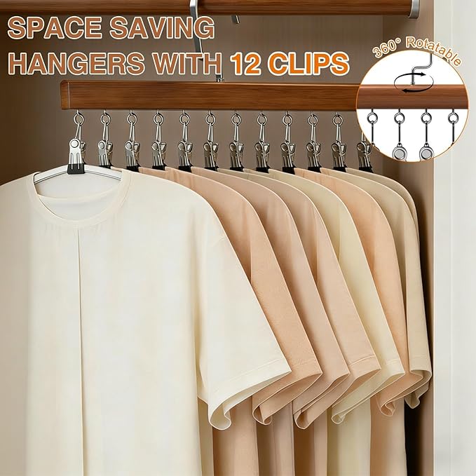 Closet Organizer with 12 Clips, Space Saving Hangers for Clothes, Hanging Closet Organizers and Storage, Wooden Socks Hats Pants Hangers with Clips, for Small Room Organization (2 Pack)