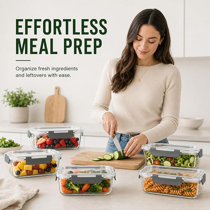 5 Pack 36oz Borosilicate Glass Food Storage Containers Set with Lids, Freezer Meal Prep Containers, Airtight Bento Lunch Container Set, Oven, Freezer and Dishwasher Safe, BPA Free, Kitchen Storage Set