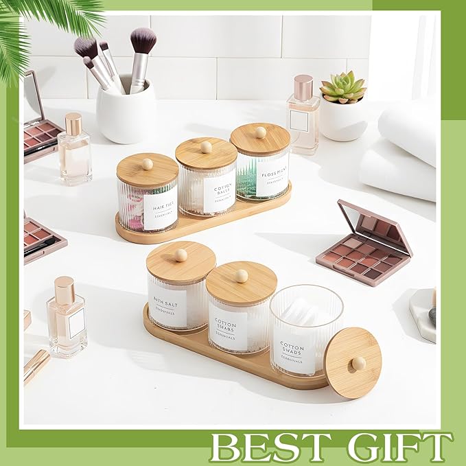 Vesici 6 Pack Bathroom Canisters Ribbed Apothecary Jars with Bamboo Lids 2 Bamboo Trays and 9 Label Stickers Cotton Swabs Holder Bathroom Organizer Storage Set Acrylic 18 oz Dispenser Container(Wood)