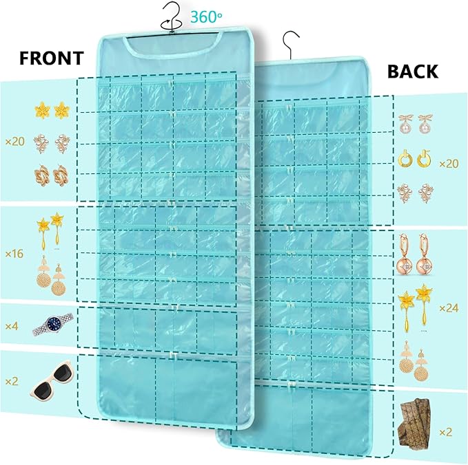 FOREGOER Hanging Jewelry Organizer with 88 Zippered Pockets, Dustproof Foldable for Travel, Accessories Organizer for Holding Jewelries Earring Organizers and Storage (Blue)