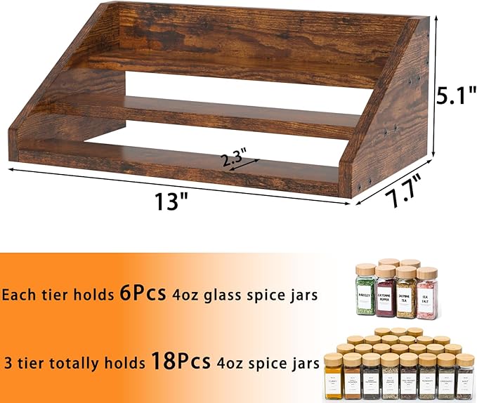 Spice Rack Organizer for Cabinet, Robust Wooden Display Riser Shelf Seasoning Organizer for Countertop Cupboard Pantry, Condiment Jar Kitchen Storage Holder Super Sturdy Stand, Rusitc Brown (3-Tier)