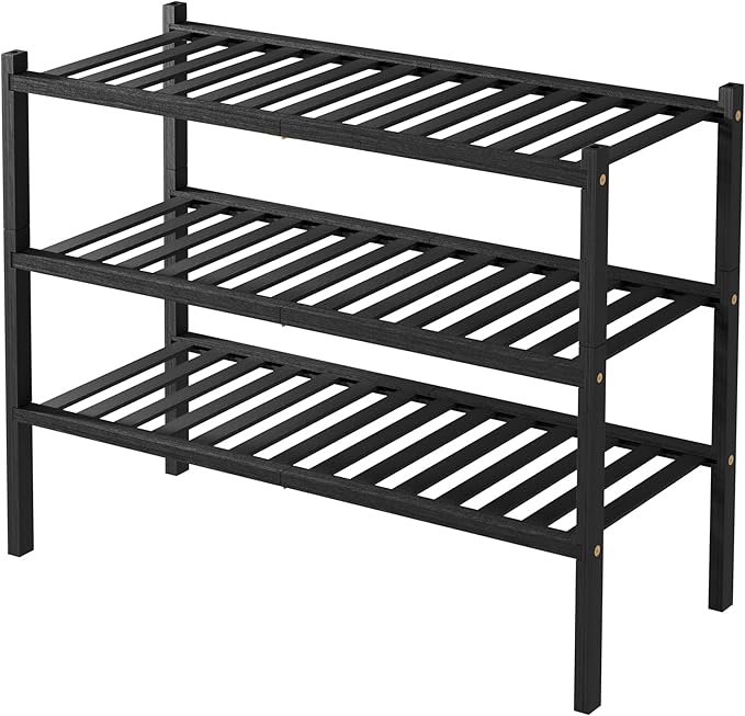 ROMGUAR CRAFT 3 Tier Bamboo Shoe Rack for Closet Free Standing Wood Shoe Shelf Storage Organizer for Entryway Small Space Stackable 27"x11"x20" (Black)