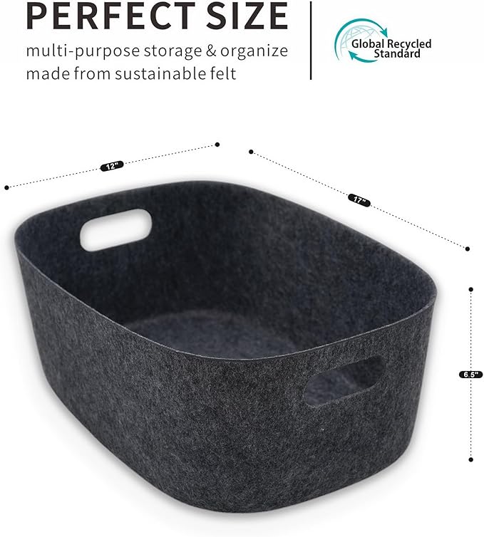 Welaxy Large Felt Storage Basket with Handles, Carbon Open Bin for Shelves, Books, Toys, Laundry & Home clutter-free interiors (Charcoal)