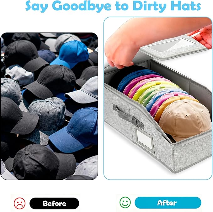 4 Pack Hat Organizer for Baseball Caps, Hat Storage Box, Holds up to 48 Caps, Baseball Cap Organizer for Closet/Shelf, Hats Box Holder | Stackable, Foldable, Clear Lid, Easy-Access,Grey