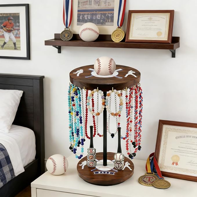 Baseball Drip Holder & Championship Ring Display - Baseball Jewelry Stand for Men with 18 Hooks, 360°Rotating Baseball Necklace and Ring Holder, Perfect Gifts for Baseball Players and Lovers