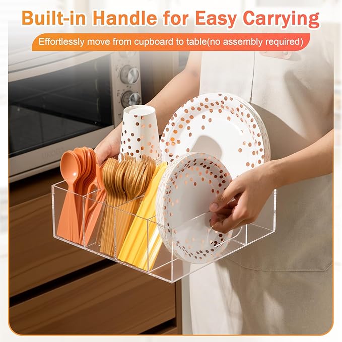 LemonRoad Utensil Holder for Party Acrylic Silverware Caddy Paper Plate Napkins Cups Fork Spoon Organizer with 6 Compartments Cutlery Caddy for Countertop Kitchen Party Camping Picnic