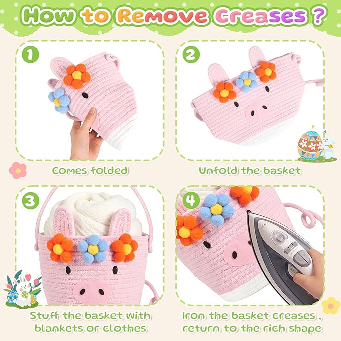 Small Woven Storage Basket with Handle, Cute Cartoon Pig Baskets for Gift Empty, Cotton Rope Storage Basket for Toy Organizer
