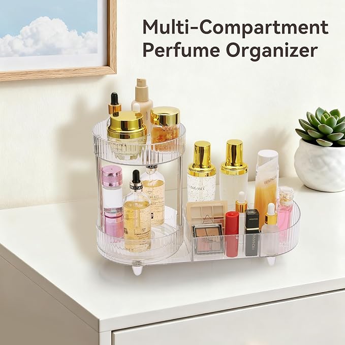 Makeup Organizer Rotating Perfume Tray 5-compartment Cosmetic and Skincare Organizers Makeup Brush Holder for Bathroom Vanity Bedroom Counter Countertop (Transparent-Silver Foot Mat)