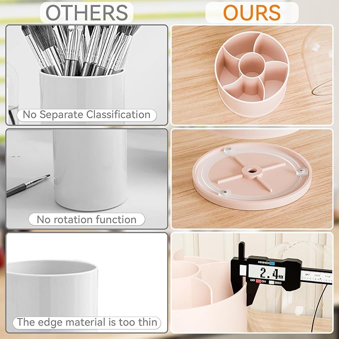 Yieach Rotating Acrylic Makeup Brush Holder with Lid for Vanity,Bathroom,Countertop,Covered Makeup Brushes Organizer,Round Spinning Cosmetic Brushes Holder and Make up Brush Storage with Cover,Pink