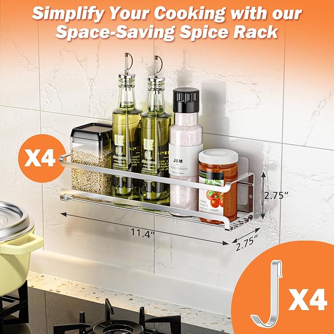 Bunoxea Spice Rack wall mounted 4 Pack, Space-Saving Spice Organizer for Spice Jars and Seasonings,Screw or Adhesive Hanging Spice Rack Organizer for Your Kitchen Cabinet,or Pantry Door,Chrome