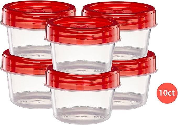 ELEGANT DISPOSABLES (4 Ounce 10 Pack) Twist cap Containers Clear Bottom With Red Top Screw on Lids Twist Top Food Storage Freezer Reusable Containers