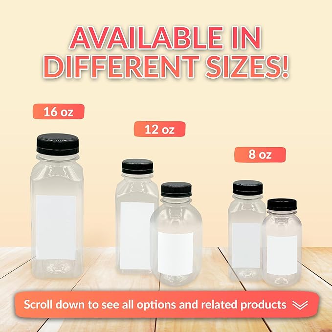 Reli. Plastic Juice Bottles (48 Pack, 12 oz) Square Plastic Juice Bottles with Caps & Sticker Labels | Clear, Empty for Juicing 12oz | Disposable, Smoothies