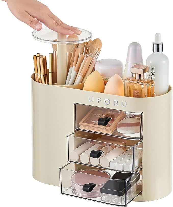 UFORU Makeup Organizer with Pop-Up Brush Holder for Dresser Vanity, Plastic Bathroom Counter Organizer with 3 Drawers & Dust-Proof Cover, Cosmetic Display Case for Lipstick, Skincare, Cream White