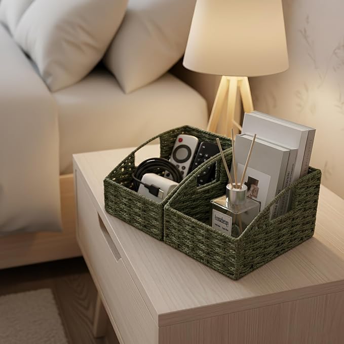Storage Basket, 2 Pack Handwoven Round Paper Rope Pantry Baskets for Organizing with Handles, Iron Frame Support Baskets for Shelves,Trapezoid Wicker Basket for Home Decor, Green