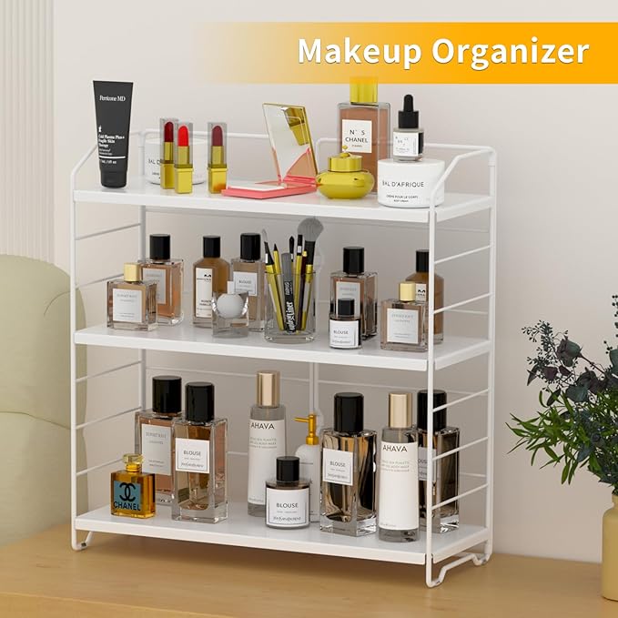 BOIVSHI Bathroom Countertop Organizer, 3-Tier Bathroom Counter Organizer, 8-Levels Height Adjustable, Bathroom Organizer for Kitchen, Livingroom, Office Storage, Metal White