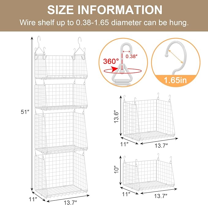 4-Tier Hanging Laundry Room Organizer: Foldable Wire Shelf Basket with 2 Large Hooks 1.65" & 360°Rotating Hooks – Space-Saving Laundry Storage Basket, for Wardrobe Closet Storage, White Patent