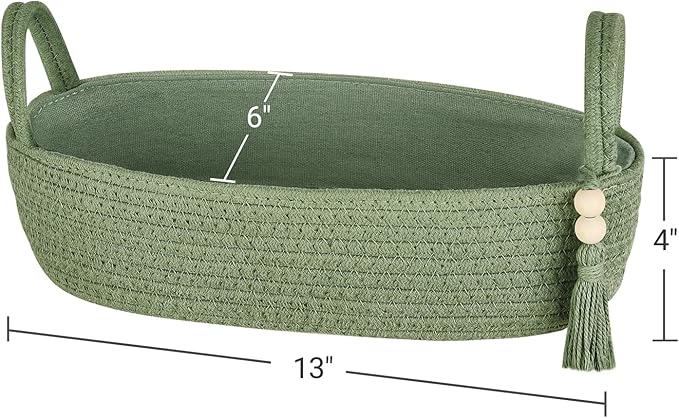 Mkono Small Storage Basket for Toilet Tank Top Boho Bathroom Decor Woven Rope Toilet Paper Tray Organizer for Shelf Bedroom Living Room, Green, 13" L x 6" W