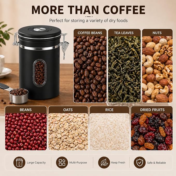 Black Coffee Canister Airtight 22oz Stainless Steel Coffee Bean Storage Container with Date Tracker, Window & One-Way CO2 Valve, Kitchen Coffee Jar for Beans, Ground Coffee, Tea, Sugar, Rice