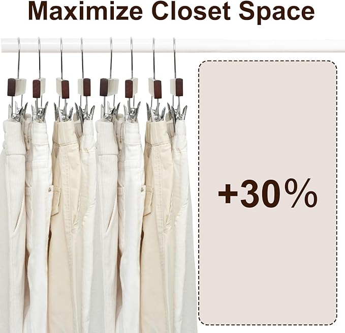 BAGAIL 20 Pack Wooden Pants Hangers with Adjustable Clips, 360°Swivel Hook Space Saving Skirt Holders with Anti-Rust Clips for Trousers, Jeans, Shorts(Walnut)