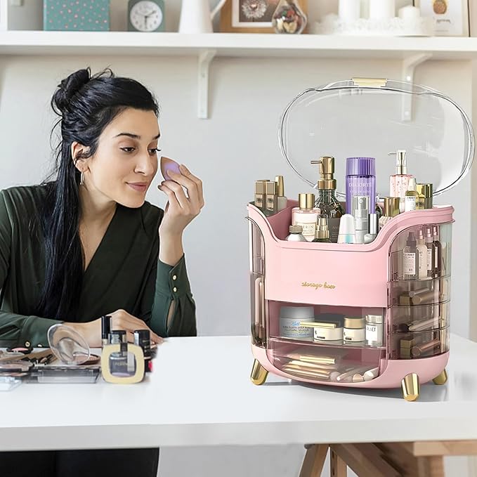 Makeup Organizer & Skincare Organizers, Cosmetic Organizer Box for Countertop with Lid & Drawers, Make Up Storage Organizer with Waterproof & Dustproof Cover, Birthday Gifts for Vanity Women Girls