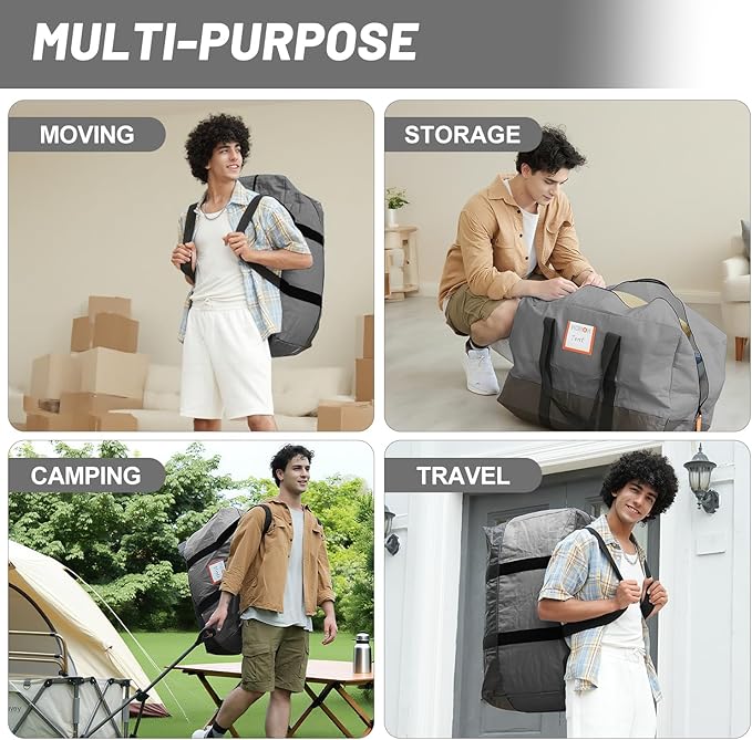 4 Pack Moving Bags Heavy Duty, 115lb Capacity Storage Bags for Clothes, Large Packing Tote with Strong Handles, Internal Compression Straps, Alternative to Moving Boxes -103L,Grey and Black