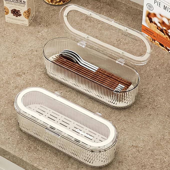 Silverware Organizer with Lid and Drainer, Covered Utensil Tray for Kitchen Drawer and Countertop, Clear Plastic Cutlery and Flatware Storage Box for Spoons Forks Knives Holder Case