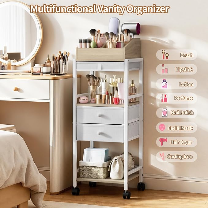 Luxspire Makeup Organizer Cart, Floor Skincare Organizers, Makeup Storage with Drawers, Vanity Organizer Cosmetics Display Cases Holder for Skin Care, Perfume, Makeup Brush, Hair Tool, Wood & White