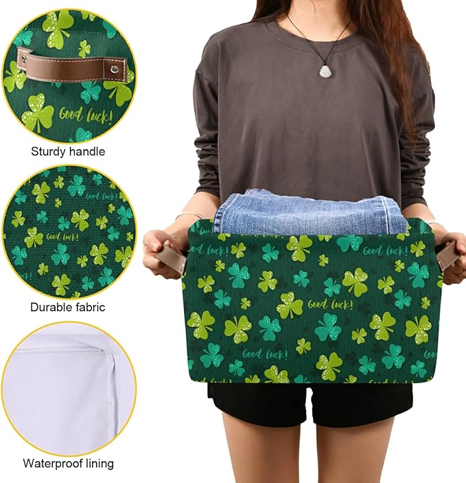 Bolaz Large Storage Basket St Patrick Day Shamrocks Clover Lucky Leaf Foldable Storage Box Organizer Bins with Handles for Bedroom Home Office