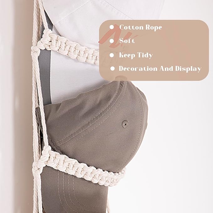 jontell Cap Holder-1 Pack Hat Organizer for Baseball Caps, Macrame Hat Rack for Wall, Cap Rack for Baseball Cap Display Boho Macrame Cap Hanger Over Door Organizer Up to 14 Caps