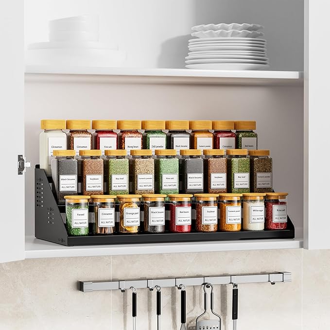 RCHYFEED Spice Rack Organizer for Cabinet, 3 Tier Spice Rack Expandable(13.4"-21.8"), Height Adjustable Spice Organization Shelf Metal Display Shelf, Spice Organization for Cabinet Countertop Pantry