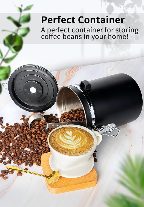 Coffee Canister with Airtight Lid, 22oz, 60 fl oz White, Stainless Steel Air Tight Lid Container with Date Tracker and Scoop Food Storage Jar for Coffee Bean (Black)