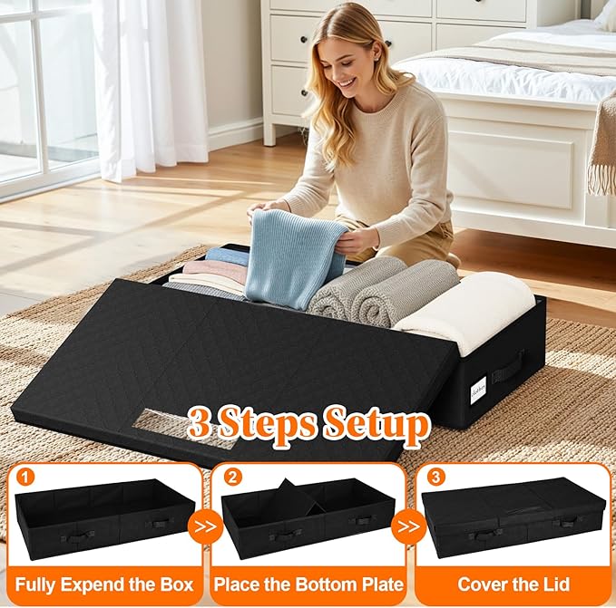 StoreHappily Under Bed Storage Containers with Lids - 2 Pack, Foldable and Stackable Clothes Storage Bags with Clear Window, 3-Sided Handles and Label Slot for Clothing, Blankets, Pillows (Black)