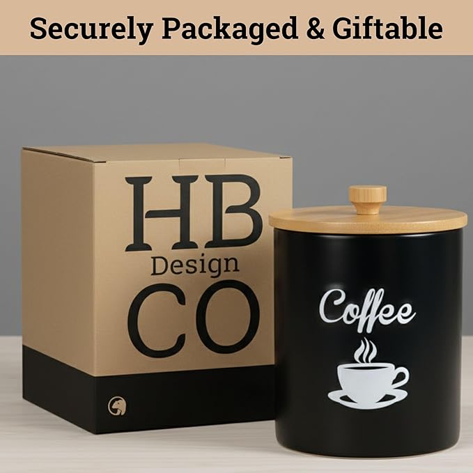 Ceramic Coffee Canister - 12 oz Black Airtight Canister - 5 x 6 inch Coffee Bean Storage Container - Stylish Countertop Container for Grounds, Beans, Pods & More with Rubber-Lined Bamboo Lid
