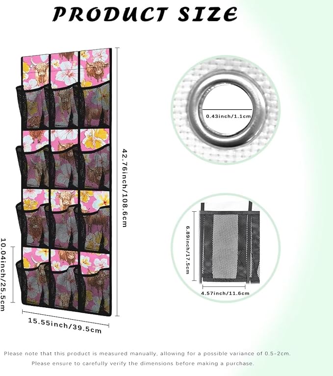 Pink Highland Cattle Shoe Organizer for Door Hanging Mesh Fabric Kids Room Organizer with 12 Pockets,Easy to Install Over The Door Storage -4 Metal Hook