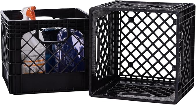 Plastic Milk Crate Storage Tote with Handles, 16-Quart Stackable Cube Organizer for Garage, Home, and Office, Made in the USA, 13" x 13" x 11" (2-Pack) - Black
