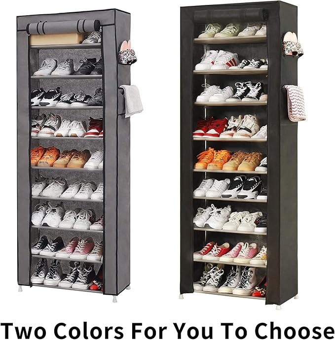 PENGKE 9-Tier Shoe Storage Organizer with Dustproof Cover - Closet Cabinet Shelf Holds up to 27 Pairs - for Doorway, Corridor, Balcony, Living Room - Black