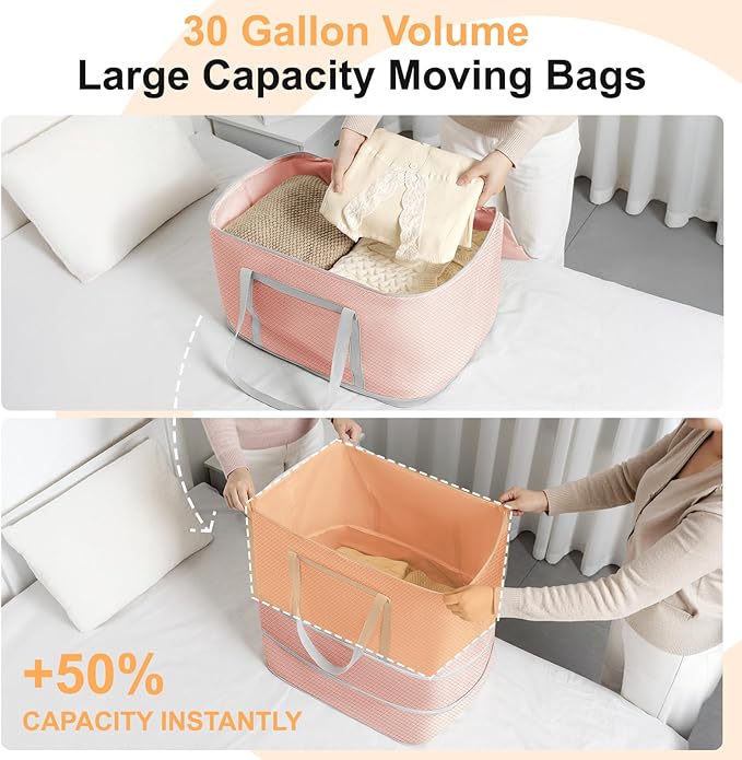 Comforter Storage Bag - 120L Bedding Storage Bags for Moving Closet, Washable Blanket Storage Bag, Ultra Space Saving Self Compression Organizer, 4-Pack, Pink