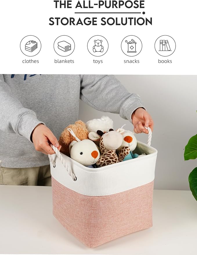 Temary 11 Inch Storage Cubes, Sturdy Fabric Bins with Metal Support & Soft Rope Handles, 6 Pack Foldable Nursery Organizer Baskets for Clothes, Home (White & Pink)