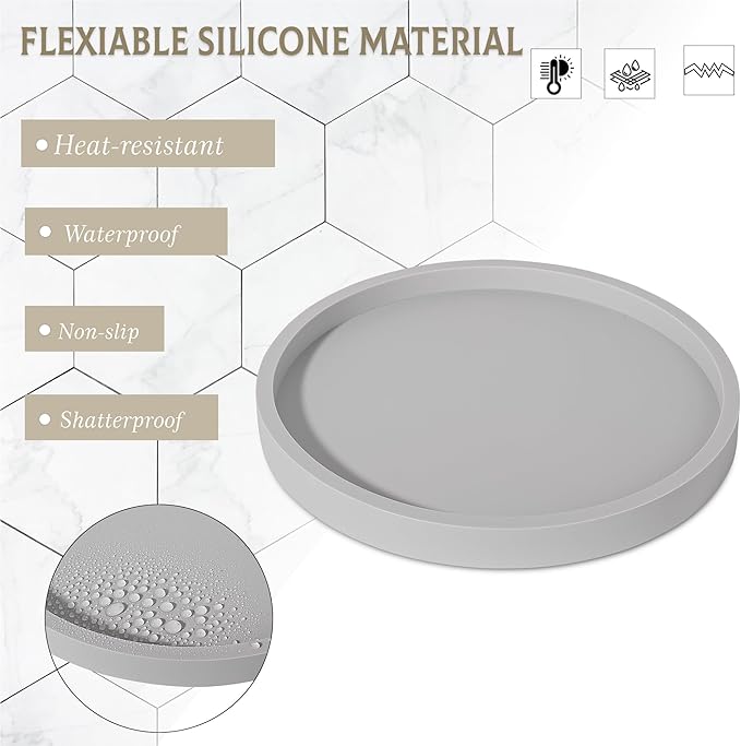 Silicone Bathroom Tray Round Vanity Tray Decorative Soap Holder Kitchen Countertop Organizer Coffee Table Decor for Candle, Perfume, Plant, 9 Inch, Light Grey