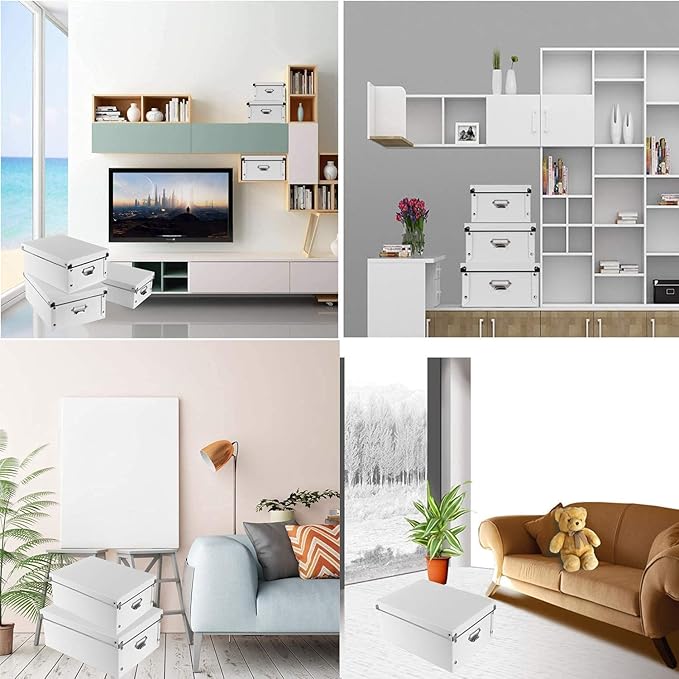XUCHUN Decorative Storage Box with Lids,Set of 3 Waterproof Foldable Plastic Box Multiple Sizes for Socks/Office(White)