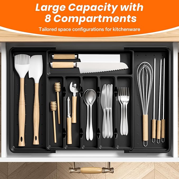 RoomHacks Large Silverware Organizer,Expandable Utensil Drawer Organizer,BPA Free Utensil Holder,Adjustable Silverware Tray Cutlery Drawer Organizer for Kitchen Flatware,Large,Black (6-8 Slots)