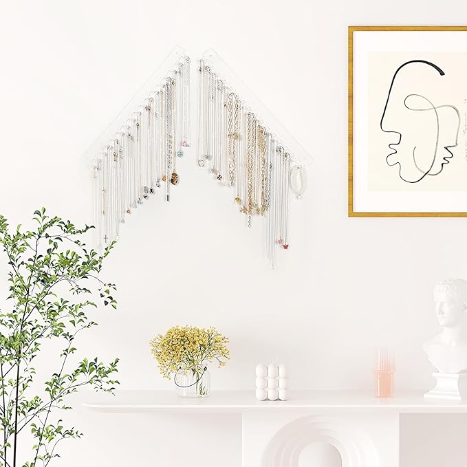 Acrylic Necklace Holder 4 Pack Wall Mounted Necklace Organizer Hanging Jewelry Organizer with 17 Hooks for Necklaces, Bracelets, Rings and Bangles Display (14.17 inch)